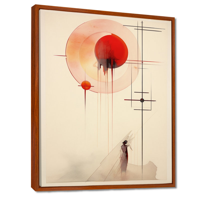 Lune rouge, géométrie rétro, art mural abstrait, Toile avec cadre flottant brun, H 32 po x l 24 po x P 1 po