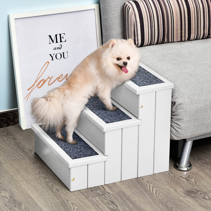 Rampe d'escalier en bois 3 marches avec tapis antidérapants pour petits chiens et chats - Blanc