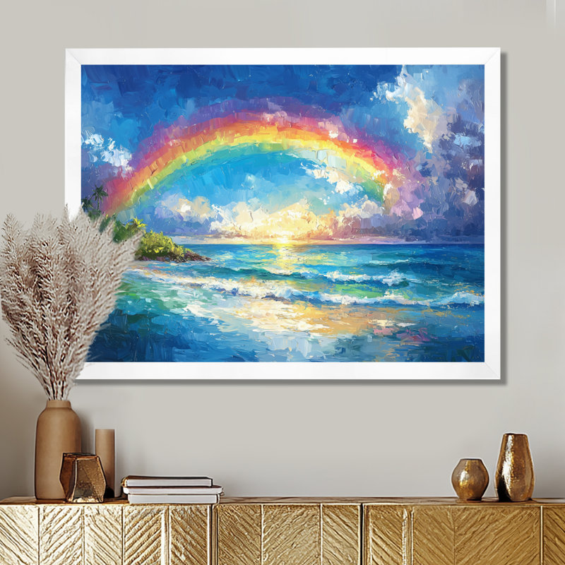Arc-en-ciel dans les îles tropicales - art mural arc-en-ciel, H 30 po x l 40 po, Black Picture Framed