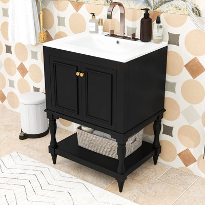 Meuble-lavabo d'inspiration rétro avec pieds sculptés, lavabo en céramique et rangement spacieux