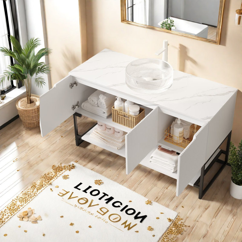 Élégant meuble-lavabo et lavabo en verre blanc Carrara, rangement de salle de bain moderne