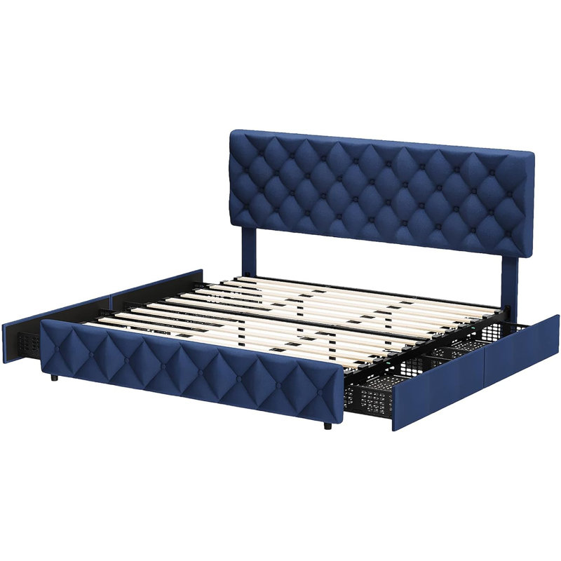 Bed With 4 Storage Drawers And Headboard, Queen, Beige