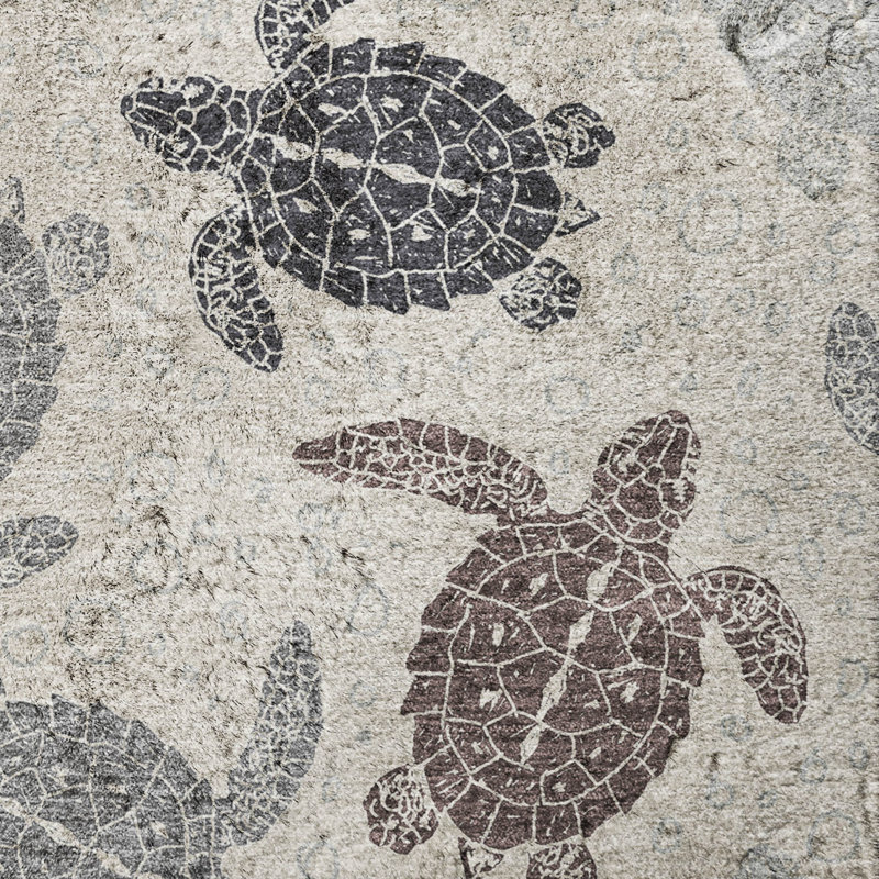 Premium Machine Washable Dream Shag ADS192 Turtles Rug, Sand, 2'6" x 3'10"
