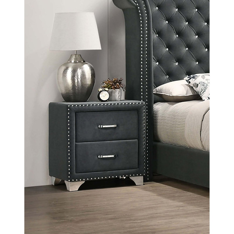 Table de chevet en velours glamour avec détails en cristal, Grey