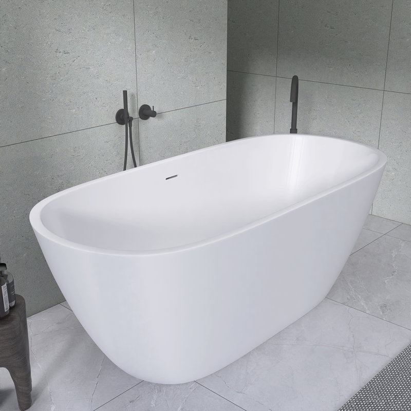 Baignoire de trempage autoportante en acrylique avec drain central 65 po x 30 po, Blanc mat