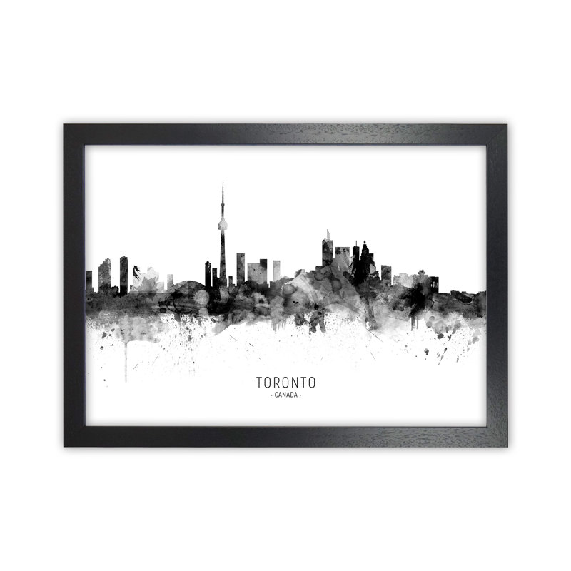 Toronto Canada Skyline Black White City Name by Michael Tompsett - Print, 64cm H x 88cm W x 3cm D, Black Framed