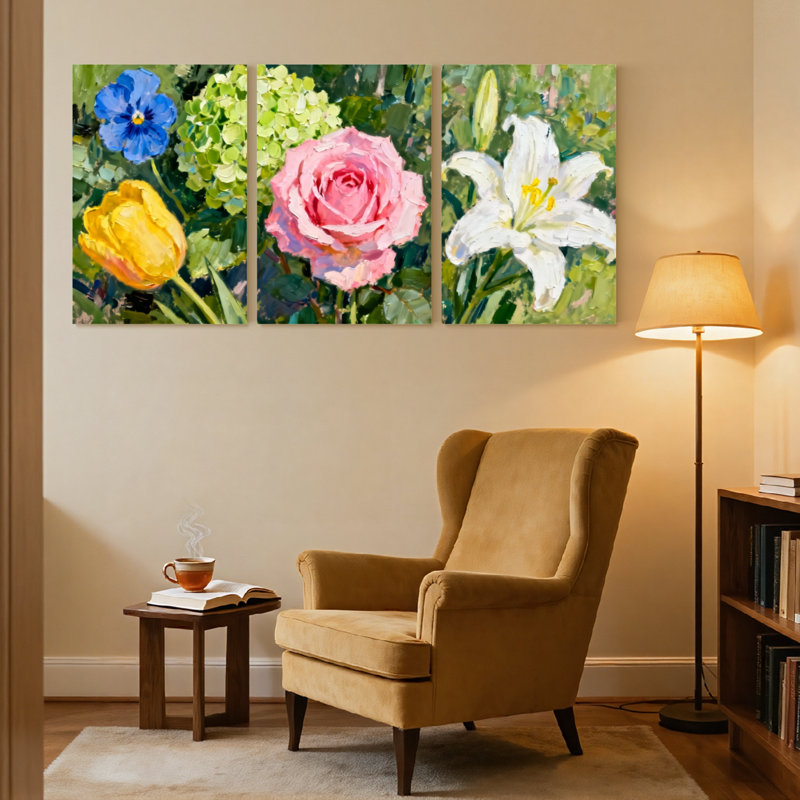 Plantes et fleurs, ensemble de 3 impressions sur toile, tulipes et lys roses, H 18 po x l 36 po