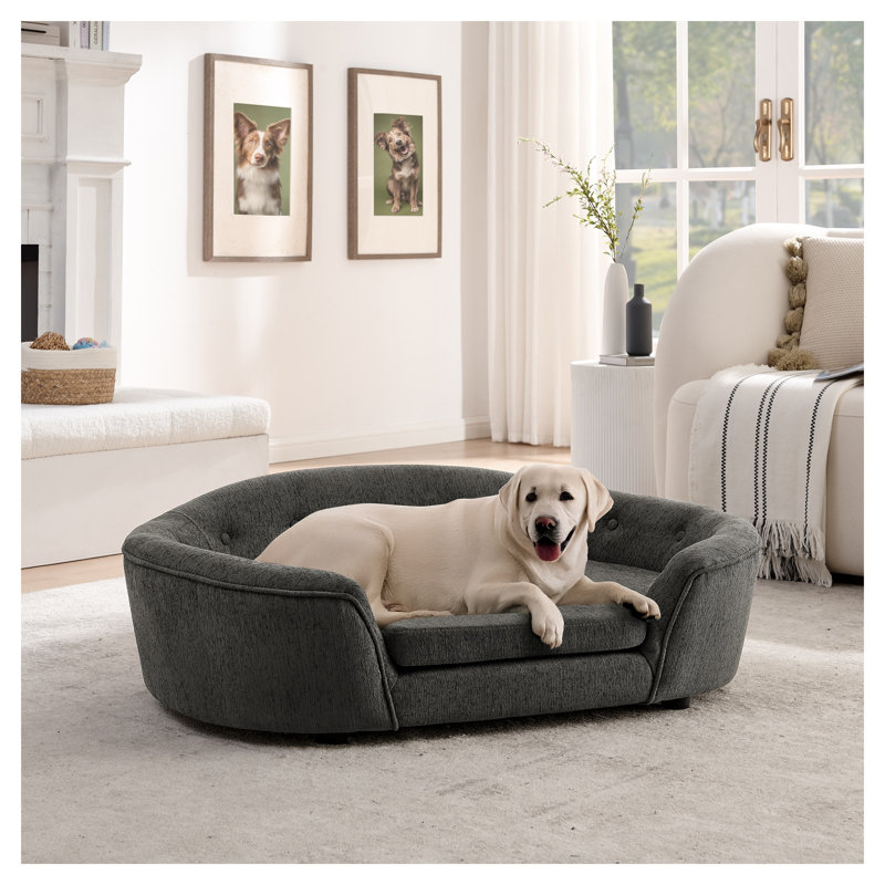 Canapé-lit ovale semi-fermé surdimensionné pour chien - Tissu en lin durable, dossier capitonné et support central haut et bas pour grands chiens