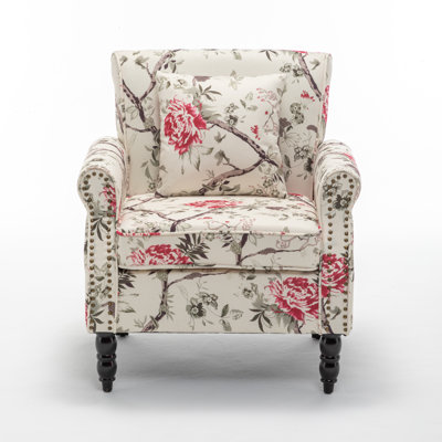 Vintage Floral Upholstered Armchair With Rolled Arms And Wooden Legs(Set Of 4)