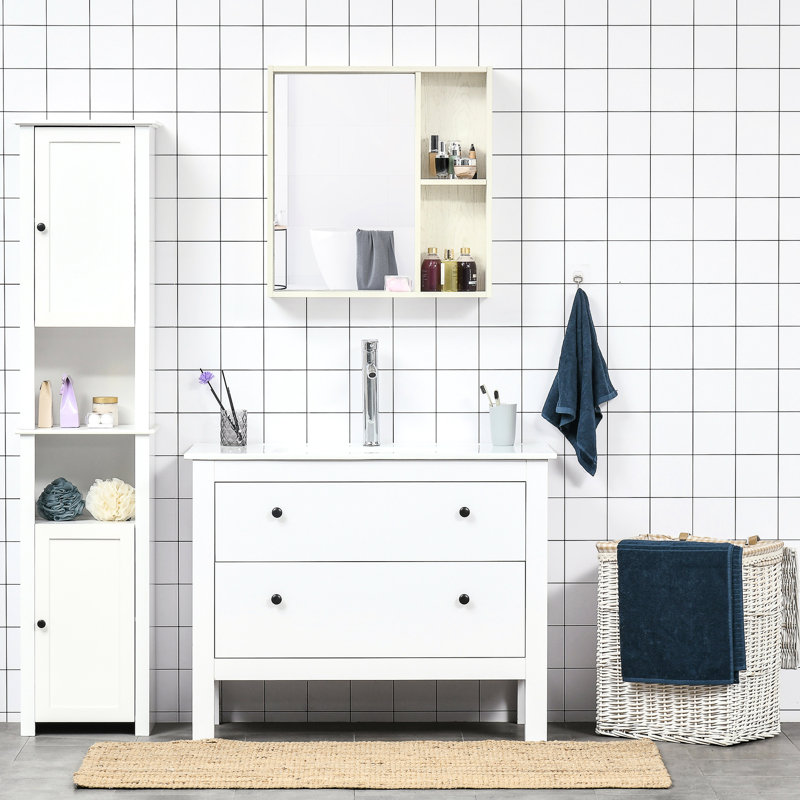 Meuble de salle de bain blanc 62,8 x 64,8 cm avec miroir et rangement, fixation murale, pour salon, buanderie ou armoire à pharmacie, décoration joyeuse.