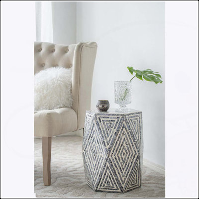 Tabouret de jardin hexagonal avec incrustation de Capiz, table d'appoint polyvalente pour l'intérieur et l'extérieur