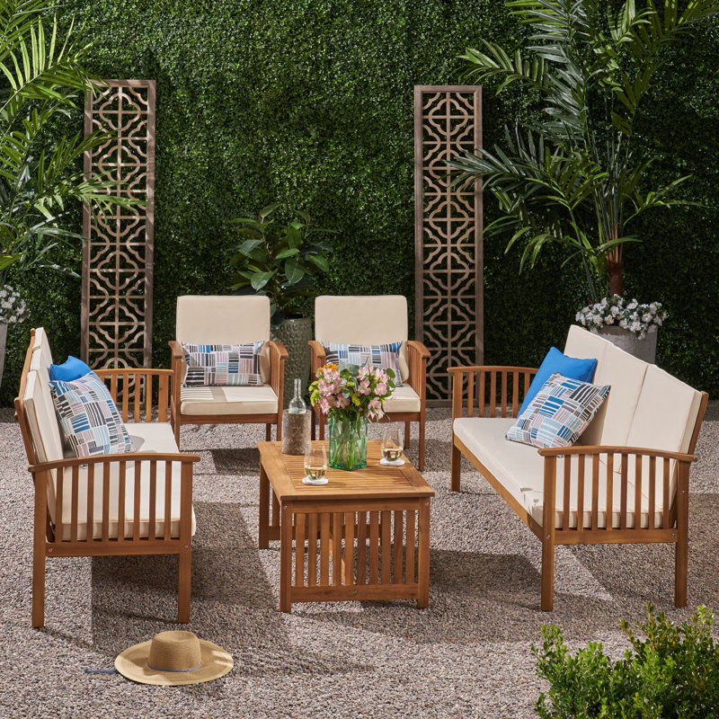 Brice Acacia 8 - Person Patio Conversation Set with Cushions, Teak Frame /  Cream Cushion