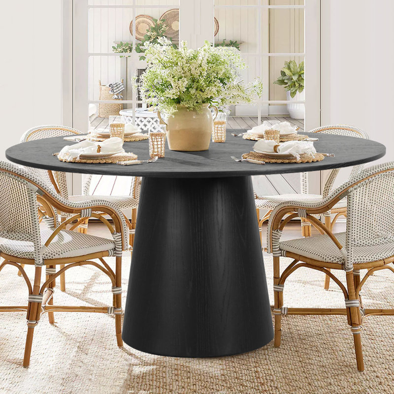  60" Solid Wood Round Pedestal Dining Table, Black