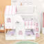 Lit superposé double au dessus d'un lit double avec escalier de rangement, toit et tablettes ouvertes-129872888