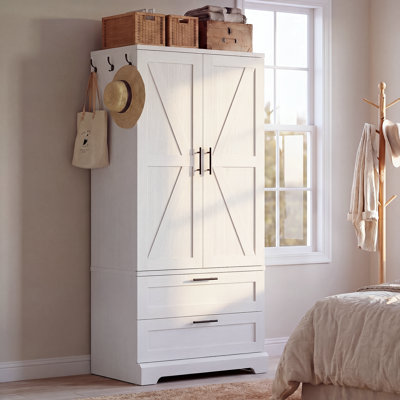 Armoire de style campagnard de 71 po de hauteur avec mouvement à DEL, 2 tiroirs profonds et crochets latéraux, garde-robe autoportante avec tringle pour vestibule de chambre à coucher