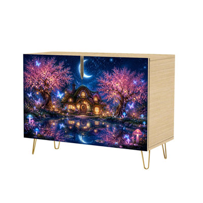 Buffet/meuble console moderne de style cottage, orné d'un croissant de lune et d'arbres lumineux, avec 2 portes de rangement dissimulées. Meuble de rangement autoportant peu encombrant idéal pour le salon, la cuisine, l'entrée ou le coin café.