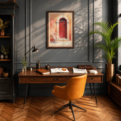 Red Door, Wicker Chair Minimalist - Framed Print