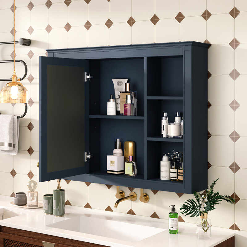 Armoire murale moderne avec miroir, 35 po x 27,5 po, espace de rangement peint bleu, charnières réglables à fermeture en douceur, montées,
