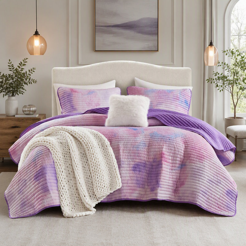 Ensemble de courtepointe tie-dye aquarelle 4 pièces pour lit double et queen, avec taies d'oreiller et oreiller