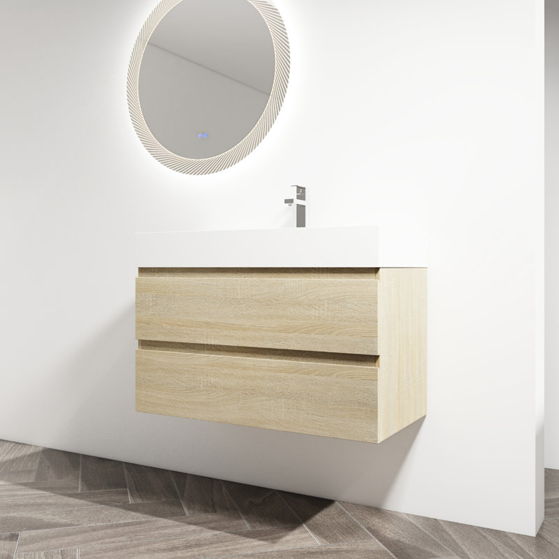 36" Bathroom Cabinet. Resin Sink & 2 Soft Close Drawers. Oak Color Scheme. Modern Style. Plywood Construction. Smooth Extension Drawer Rails. Functional Storage Shade. Manufactured. Slides. Practical