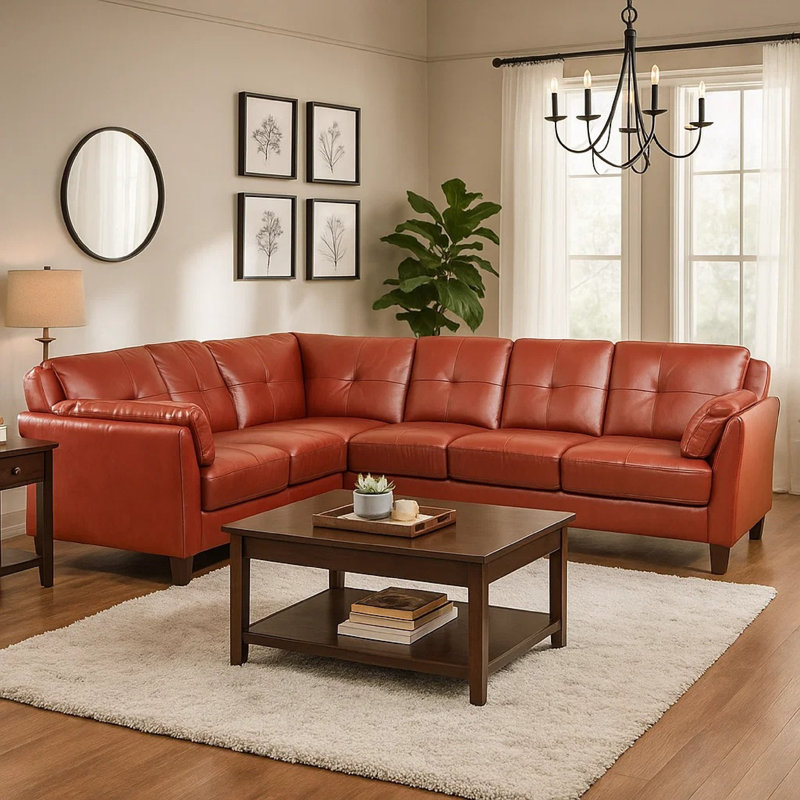 Penie Sectional Sofa, Flared Arms, Red Tufted Faux Leather, 104 Inch