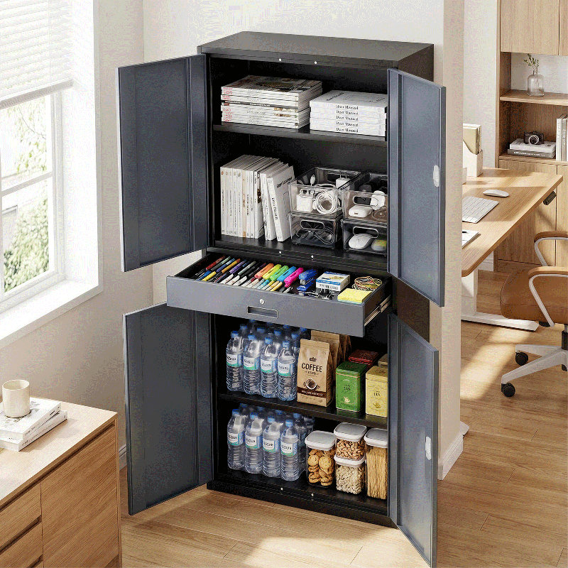 71" Metal Storage Cabinet, Garage Storage Organizer with Locking Doors, Drawer and Adjustable Shelves, Gray/Black