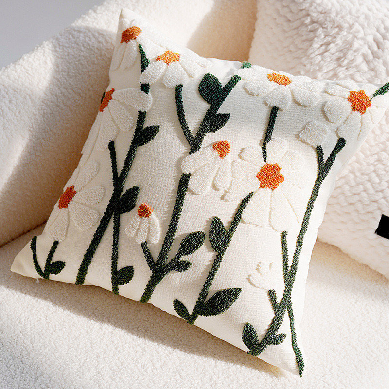 Cushion Cover, White/Green Plants & Flowers, Rectangle 30cmH x 50cmW