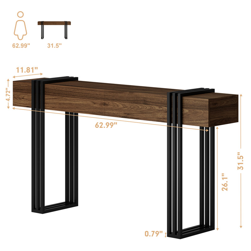 63 Inch Console Table For Entryway, Industrial Sofa Tables Couch Table Behind Sofa For Living Room Hallway Foyer, Walnut