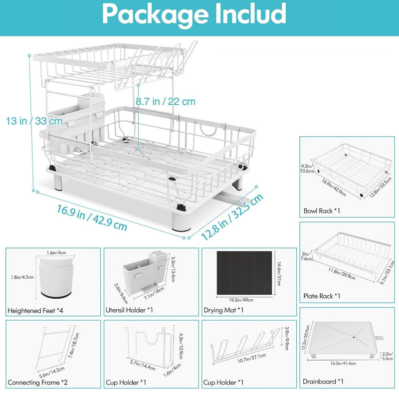 White Large 2 Tier 33 x 43 x 33 cm Dish Drainer Rack with Drip Tray for Kitchen