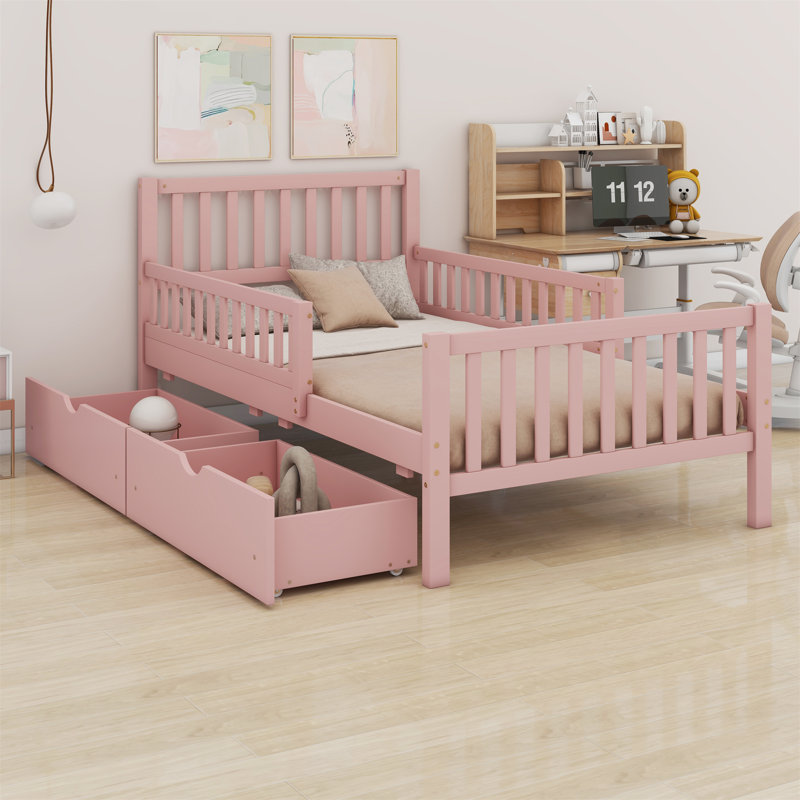 Lit plateforme en bois avec garde-corps des deux côtés et des tiroirs, Lit simple, Rose