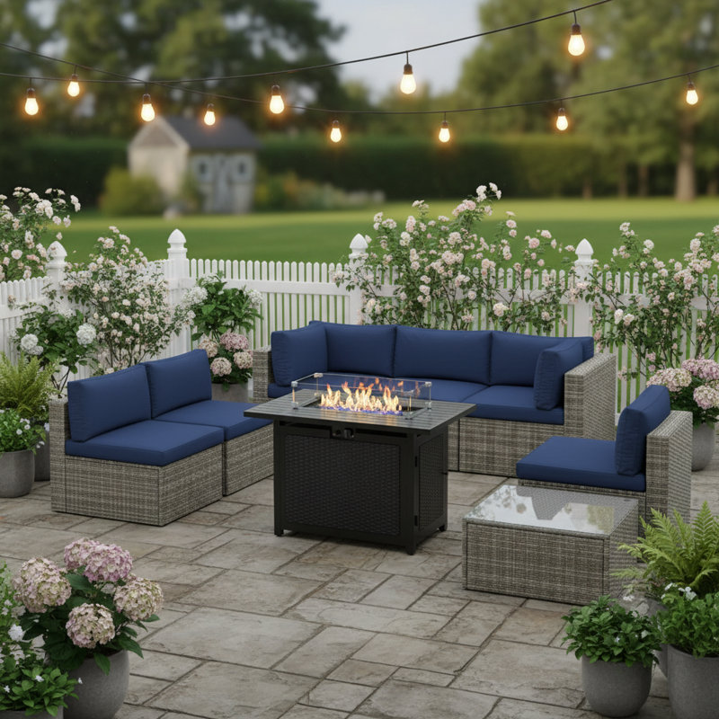 Wicker 8 Piece Rattan Sectional Seating Group With Cushions, Gray Frame/Blue Cushion