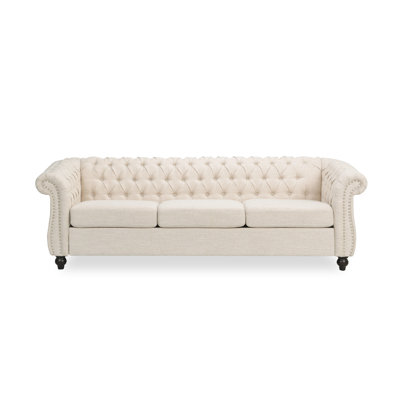 Nisy 3 Seater Sofa, Chesterfield Beige Fabric Tufted Back, 85 Inch