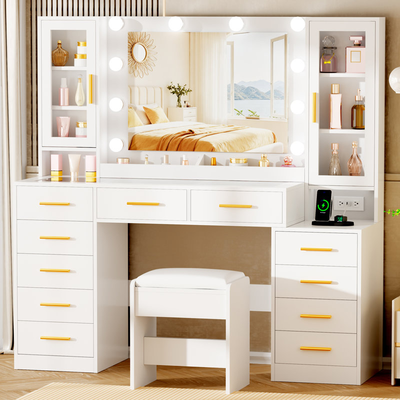 53.2" W Makeup Vanity Set with Glass Table & Lighting Mirror, 11 Drawers and Power Outlet, Stool