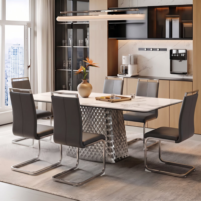 Chaises de salle à manger cantilever modernes Amari en similicuir avec structure chromée, Gris foncé, Argent