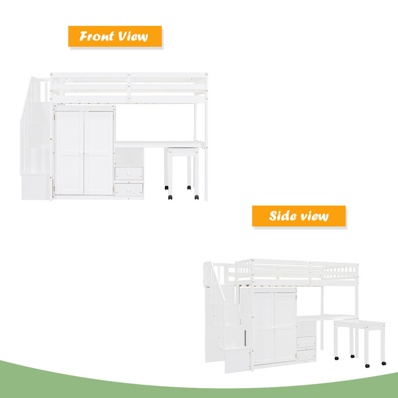 Lit mezzanine avec escalier, Lit simple, Blanc