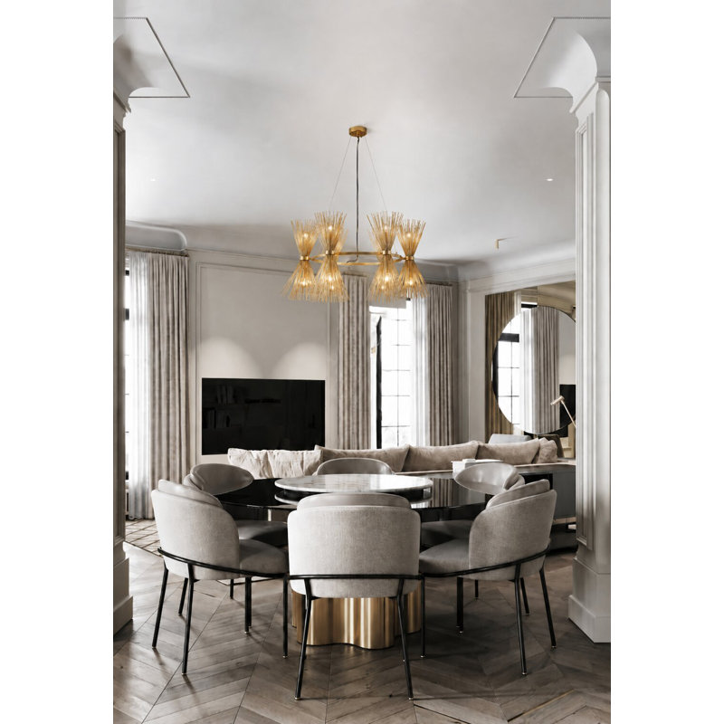 Lustre 12 lumières en fer doré avec abat-jours coniques
