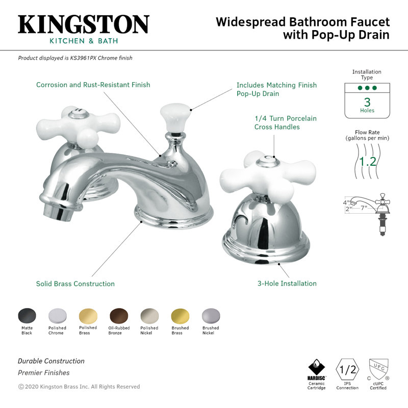Kingston Brass Restoration Two-Handle 3-Hole Deck Mount Widespread Bathroom Faucet with Brass Pop-Up Drain, Brushed Nickel
