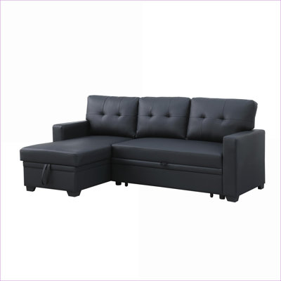 Sectional Sofa | Modern Pull Out Twin Sleeper with Storage Chaise, For Overnight Guests | Faux Leather | Black