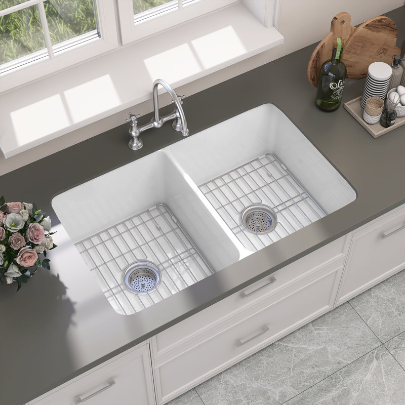 Echo 32 in. White Kitchen Sink Drop-in/ Undermount Fireclay Farmhouse Sink Double Bowl with Accessory Kit