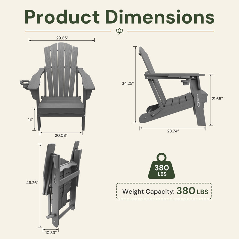 Dareona Pakkdiarie All-Weather HDPE Folding Adirondack Chair with Cup Holder for Patio & Garden, Gray