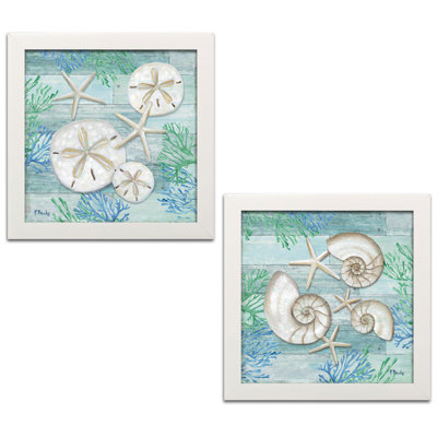 «Watercolor Beach Décor Shell, Sand Sand & Starfish Nautical» par Paul Brent - ensemble de 2 impressions