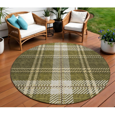Tapis rond lavable à carreaux vert olive 8 po