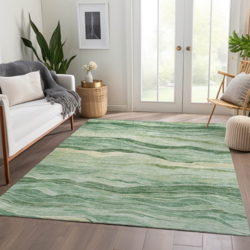 Green Striped Synthetic Washable Indoor/Outdoor Rug 46" x 30"