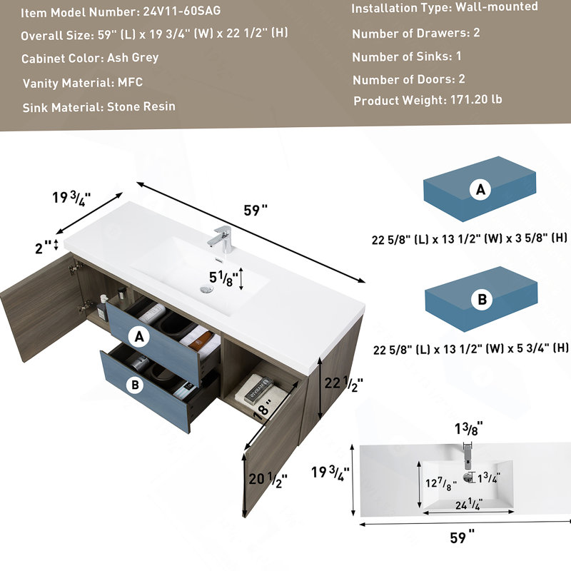 Meuble-lavabo mural de 60 po avec lavabo mural 60 po avec lavabo en résine, Bois