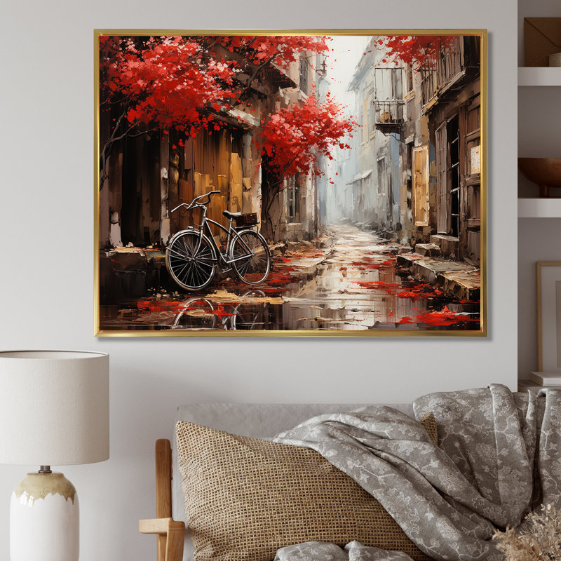 Crimson Ride Red Flowers I - Art mural de bicyclette pour le salon, H 24 po x l 32 po x P 1 po, Cadre flottant doré