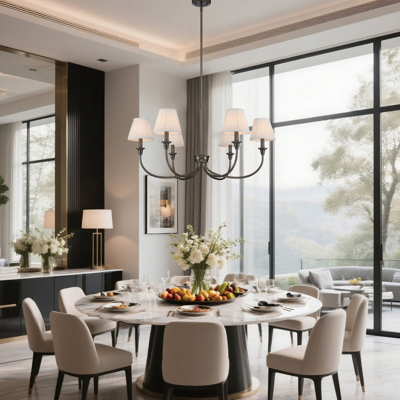 Lustre 6 lumières Cambria en bronze huilé avec abat-jour blanc froncé, Nuances blanches rassemblées, Bronze frotté à l'huile