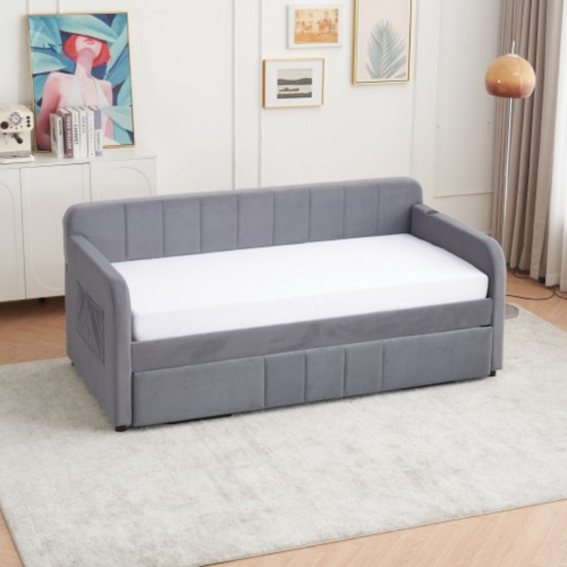 Twin Upholstered Daybed Frame with Trundle, Gray