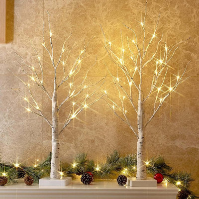 Cozy-Glow 2Ft Lighted Birch Trees (2pk) - Flexible Branches + Fairy Lights - Battery-Operated Mantel Centerpiece