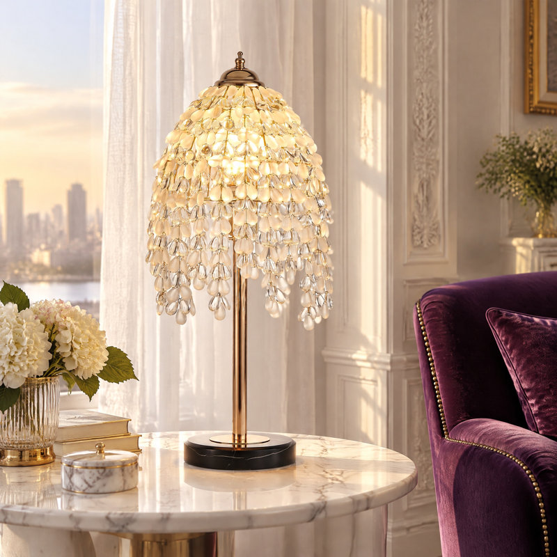 Lampe de table moderne en cristal de raisin 19 po, table de chevet avec abat-jour perlé et base texturée en marbre