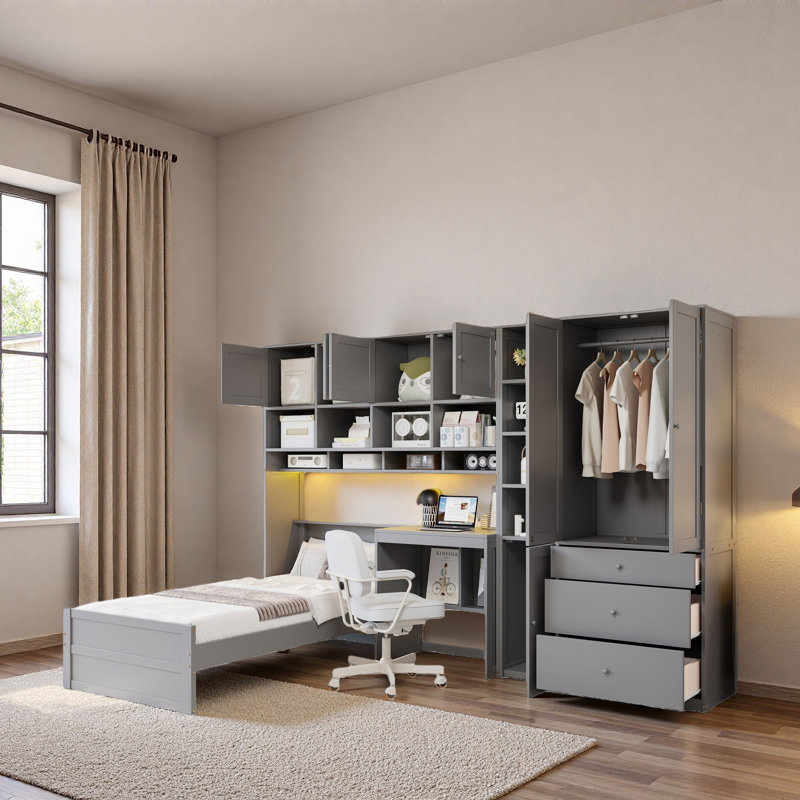Lit plateforme multifonctionnel avec bureau, bande lumineuse à DEL, armoire, armoires, 3 tiroirs et tablettes de rangement